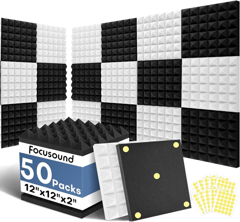 Focusound Black White Acoustic Panels 50 Pack 2"x12"x12" with 300 PCS Double-Side Adhesive - Sound Proof Pyramid Foam for Walls, Home Studio Noise Absorption & Echo Control Kit - Image 1